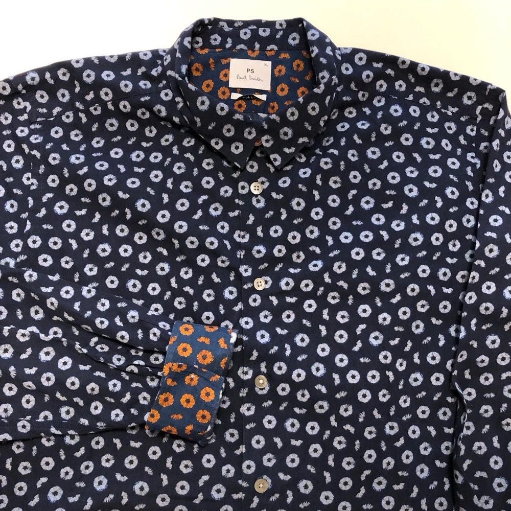 PAUL SMITH Slim Fit Floral Navy Blue Button Up Contrast Cuff Shirt Size XL